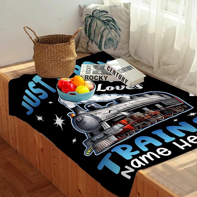 Boy Who Loves Trains Blanket Custom Train Blankets for Boys Men Flannel Cozy Quilt Gift for Train Lovers for Beding Sofa Couch-40x30 Inches