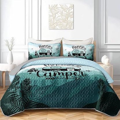 QOOMO Camping Quilt Set Twin Size,Camping Bedspread Coverlet Set,3Pcs Bedding Set Printed Quilt with 2 Pillowcases,Soft and Lightweight,for All Seasons