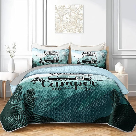 QOOMO Camping Quilt Set Twin Size,Camping Bedspread Coverlet Set,3Pcs Bedding Set Printed Quilt with 2 Pillowcases,Soft and Lightweight,for All Seasons