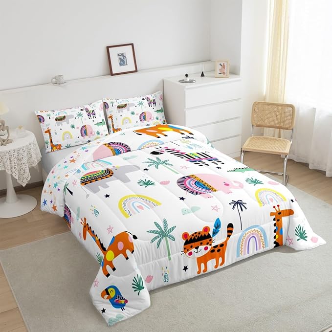 Feelyou Kids Zoo Animal Comforter Queen for Kids Boys Girls Cute Boho Animals Bedding Set Cartoon Elephant Comforter Set Wild Animals Duvet Set with 2 Pillow Case