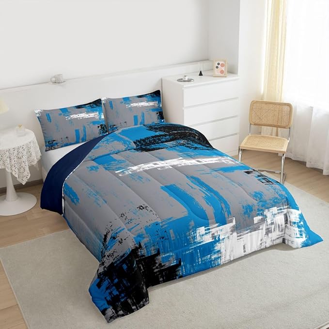 Feelyou Abstract Bedding Set Kids Modern Abstract Art Comforter Set Blue Grey Black Comforter for Boys Room Decor Lightweight Retro Duvet Set Full Size with 2 Pillow Case