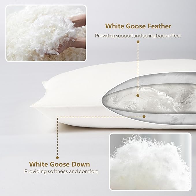 Goose Down Body Pillows for Adults, Large Body Pillow for Side Sleeper, Hugging Feather Body Pillow Insert, Cooling 20x54 Full Length Long Pillow for Bed with 100% Organic Cotton Shell, White 20"x54"