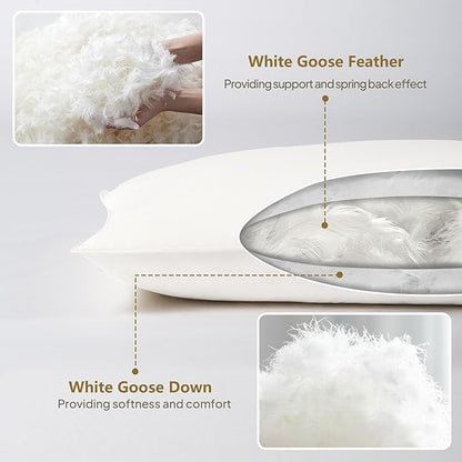 Goose Down Body Pillows for Adults, Large Body Pillow for Side Sleeper, Hugging Feather Body Pillow Insert, Cooling Full Length Long Pillow for Bed with 100% Organic Cotton Shell, (White 20"x60")