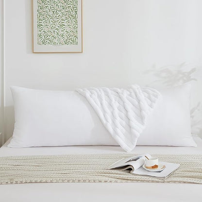 Full Body Pillow with Fluffy Stripe Faux Fur Removable Cover, Long Bed Pillow Adult 20x54 Inches for Side Sleeper and Pregnancy, White.