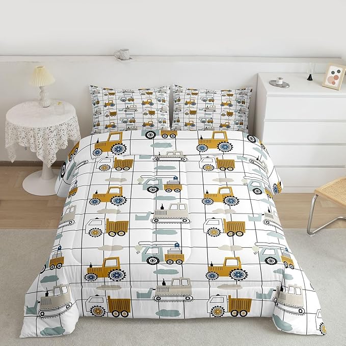 Feelyou Construction Truck Comforter Set Queen Size Kids Machinery Truck Excavators Vehicles Comforter for Boys Teens Cartoon Tractor Bedding Set Excavator Tractor Plaid Grid White Duvet Set Quilt Set