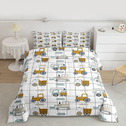 Feelyou Construction Truck Comforter Set Queen Size Kids Machinery Truck Excavators Vehicles Comforter for Boys Teens Cartoon Tractor Bedding Set Excavator Tractor Plaid Grid White Duvet Set Quilt Set