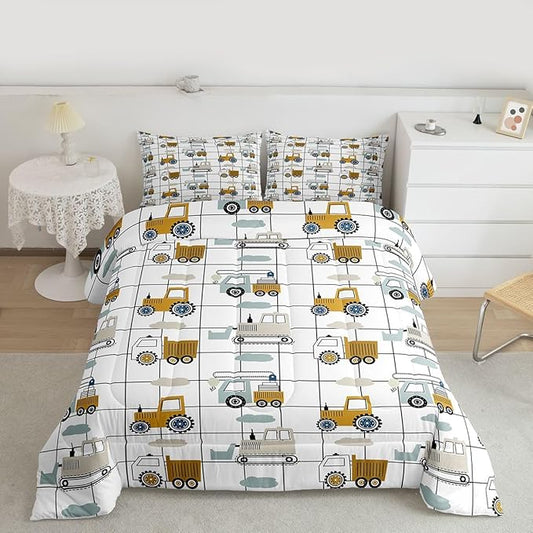 Feelyou Construction Truck Comforter Set King Size Kids Machinery Truck Excavators Vehicles Comforter for Boys Teens Cartoon Tractor Bedding Set Excavator Tractor Plaid Grid White Duvet Set Quilt Set