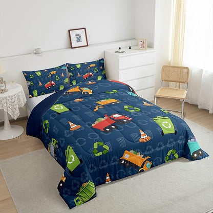 Erosebridal Kids Bedding King Size Garbage Truck Comforter Set, Cartoon Car Vehicles Bedding Comforter Sets for Boys Girls Trash Waste Management Vehicle Duvet Set Refuse Classification Quilt 3Pcs