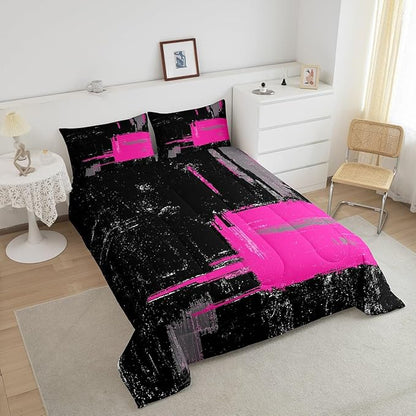 Feelyou Black Hot Pink Comforter King Size Geometric Comforter Set for Boys Girls Children Abstract Bedding Set Room Decor Modern Art Duvet Set 3Pcs
