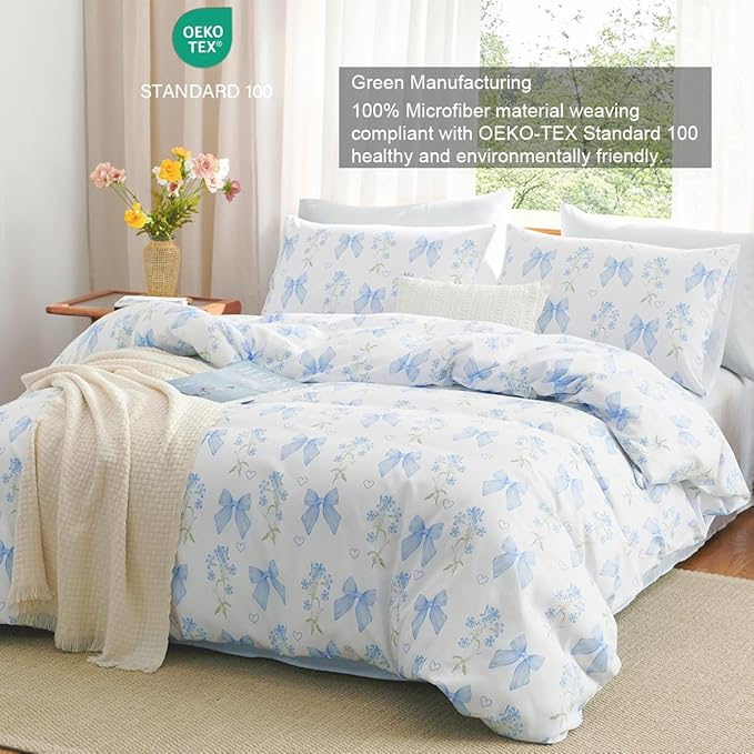 Blue Bow Duvet Cover Queen 3Pcs Girls Floral Duvet Cover Set, Cute Romantic Princess Style Bowknot Bedding Set Soft Microfiber Garden Flower Bedding with 2 Pillowcases(No Comforter)