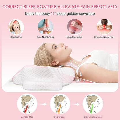 Cervical Neck Pillow for Pain Relief, Ergonomic Contour Pillow for Sleeping, 2 Heights Cooling Pillow for Neck and Shoulder Support, Memory Foam Orthopedic Pillow for Side Back Stomach Sleepers Pink