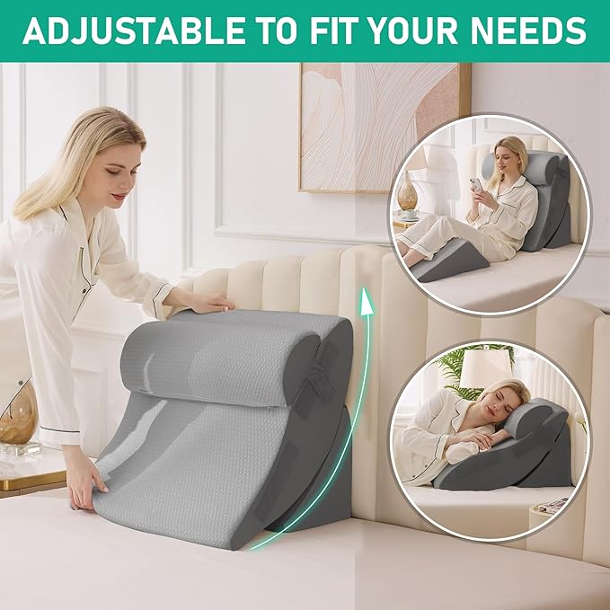 4PCS Wedge Pillow Set for After Surgery, Orthopedic Bed Wedge Pillow for Back Pain Relief, Sitting Up in Bed, Acid Reflux, Adjustable Post Surgery Pillows for GERD, Snoring, Grey