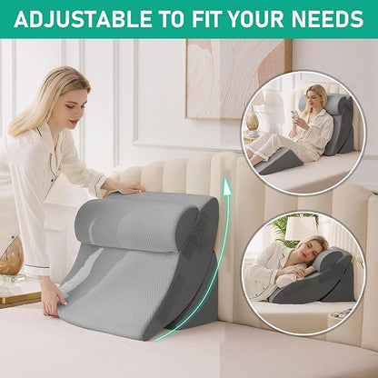 4PCS Wedge Pillow Set for After Surgery, Orthopedic Bed Wedge Pillow for Back Pain Relief, Sitting Up in Bed, Acid Reflux, Adjustable Post Surgery Pillows for GERD, Snoring, Grey