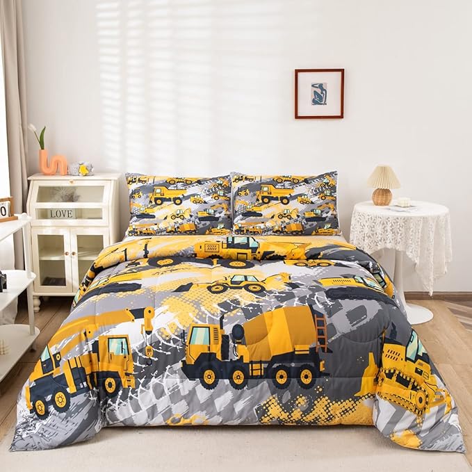 Feelyou Boys Construction Bedding Set Full Size Comforter for Kids Tractor Trucks Comforter Set Toddler Room Decor Car Bed Cartoon Excavator Quilted with 2 Pillow Cases
