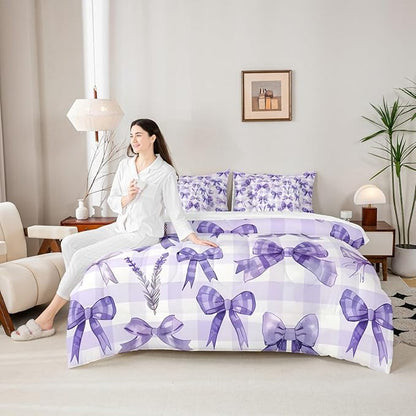 Feelyou Purple Bowknot 7 Piece Bedding Set Lavender Flower Comforter Set with Sheets for Kids Boys Girls Purple Stripe Bed in a Bag Princess Theme Bed Set Soft Lightweight