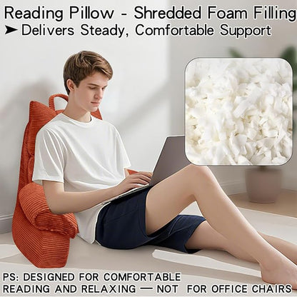 RRPAHWTV Reading Pillow for Bed with High Arm Rests,Back Support Pillow for Sitting Up in Bed with Shredded Memory Foam for Reading, TV, Gaming or Relaxing on Floor（Bright Orange，Large）