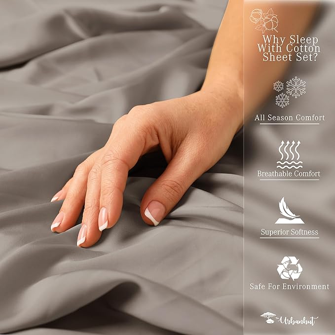 URBANHUT 1000 Thread Count Egyptian Cotton Sheets Queen Size, Long Staple Soft & Breathable, 4 Pc Bed Sheet Sets, Luxury Hotel Sateen Sheets Fits 16" Deep Pocket - Dark Grey