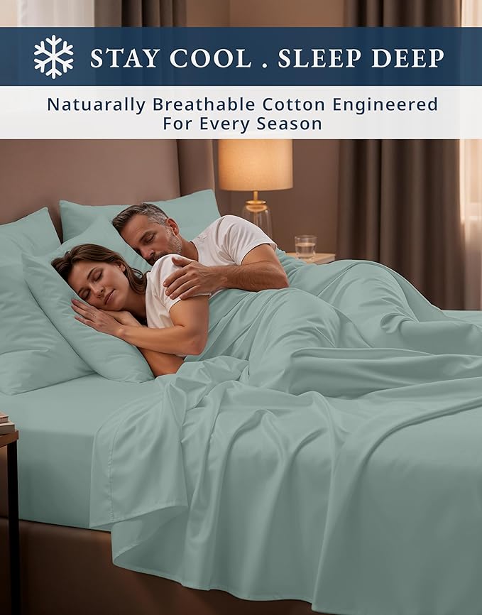 LANE LINEN 100% Egyptian Cotton Queen Sheet Set,15 inch Deep Pocket Fully Elasticized French Reinforced Pocket Seams for Soft, Comfy & Fresh Bed Eco Friendly Cooling Sheets Queen - Jadeite
