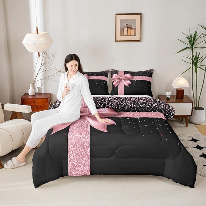 Bowknot Comforter Set Full Size,Diamond Print (No Glitter) Bedding Set for Girls Women Adult Bedroom Decoration,Kids Pink and Black Bed Duvet Insert,Luxury Art Comforter with 2 Pillowcase
