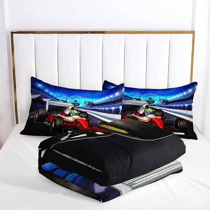 AILONEN Racing Car Comforter Set Twin Size, Gorgeous Race Track and Cool Race Trucks for Kids Boys Girls Teens Bedroom All Season,3 Pieces,1 Quilt and 2 Pillowcases,Soft,Breathable