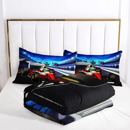 AILONEN Racing Car Comforter Set Twin Size, Gorgeous Race Track and Cool Race Trucks for Kids Boys Girls Teens Bedroom All Season,3 Pieces,1 Quilt and 2 Pillowcases,Soft,Breathable