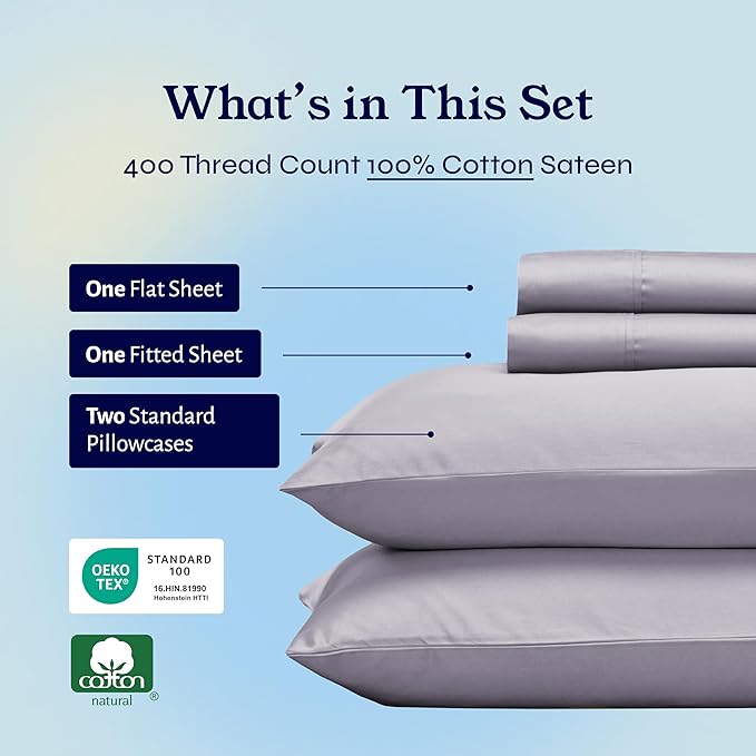 California Design Den Full Size Bed Sheets Set - Soft 400 Thread Count Sateen, Natural 100% Cotton Sheets with Deep Pockets, Breathable, and Durable Bedding Set - Dusky Lavender Grey