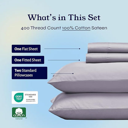 California Design Den Full Size Bed Sheets Set - Soft 400 Thread Count Sateen, Natural 100% Cotton Sheets with Deep Pockets, Breathable, and Durable Bedding Set - Dusky Lavender Grey