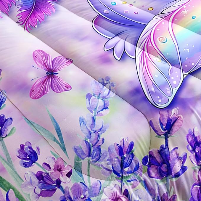 Cute Axolotl Comforter Sets Queen Size,Blooming Lavender Butterfly Printed Bedding Set for Kids Girls Room Decor,Cartoon Ocean Animal Themed Comforter Sets with 2 Pillowcases.
