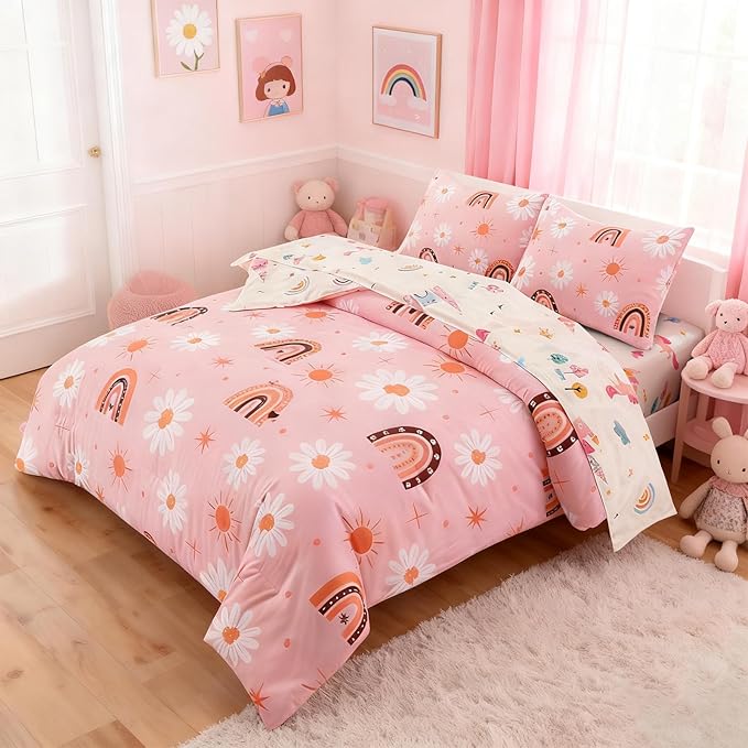 Holawakaka Boho Rainbow Daisy Twin Comforter Set with Sheets, 5-Piece Bohemian Sun Flower Bedding Set for Girls & Women - Super Soft Microfiber Kids Teen-Girls Orange Reversible Bed-in-a-Bag
