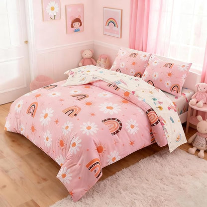 Holawakaka Boho Rainbow Daisy Full Comforter Set with Sheets, 5-Piece Bohemian Sun Flower Bedding Set for Girls & Women - Super Soft Microfiber Kids Teen-Girls Orange Reversible Bed-in-a-Bag