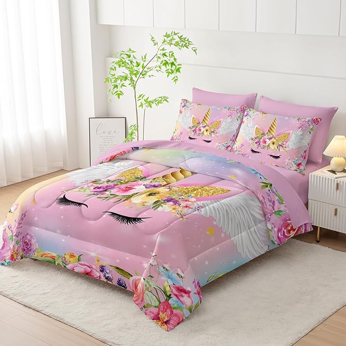 Unicorn Comforter Set Twin - 7 Pcs Floral Girls Bedding, Pink Purple Blue Girls Quilt Set, All Season Microfiber Comforter, Sheets, Pillowcases
