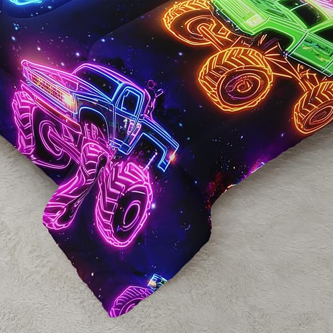 Colorful Neon Off-Road Racing Truck Comforter 3Pcs Queen Cool Speed Race Car Bedding Set for Kid Teen Girl Boy Adult Automobile Extreme Sport Game Quilt Bed Decor with 1 Comforter&2 Pillowcases