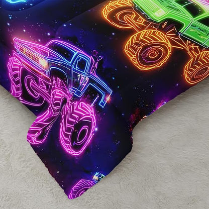 Colorful Neon Off-Road Racing Truck Comforter 3Pcs Queen Cool Speed Race Car Bedding Set for Kid Teen Girl Boy Adult Automobile Extreme Sport Game Quilt Bed Decor with 1 Comforter&2 Pillowcases