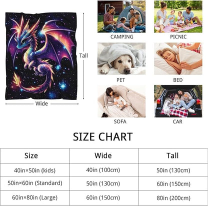 GNEW Cute Galaxy Dragon Throw Blanket, Kawaii Dragon Gifts for Kids, Sparkle Galaxy Starry Stars Animal Print Blanket, Blue Purple Pink Black, 60"x50"