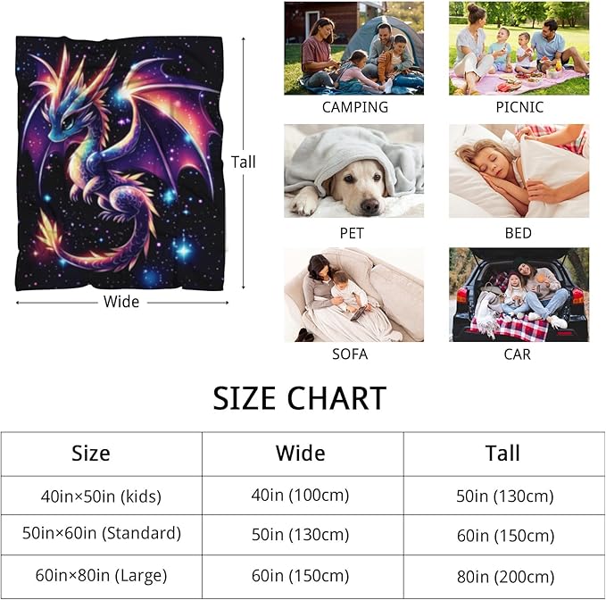 GNEW Cute Galaxy Dragon Throw Blanket, Kawaii Dragon Gifts for Kids, Sparkle Galaxy Starry Stars Animal Print Blanket, Blue Purple Pink Black, 80"x60"
