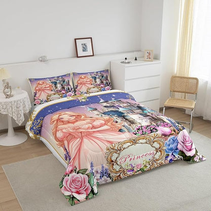 Pretty Princess Kids Comforter Set Twin Size,Dreamy Castle Cartoon Fairy Tale Reversible Bedding Set for Teens Bedroom,Colorful Floral Starry Galaxy Quilted Duvet with 1 Pillowcase