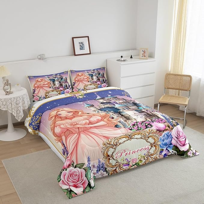 Pretty Princess Kids Comforter Set Toddler Size,Dreamy Castle Cartoon Fairy Tale Reversible Quilt Set for Boys Bedroom Decor,Colorful Floral Starry Galaxy Duvet Insert,1 Pillowcase