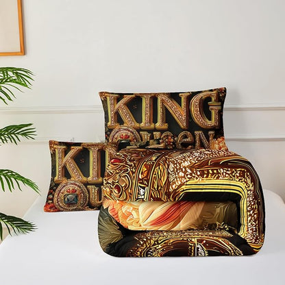 King and Full Comforter Set Black and Gold，King and Full Bedding Set，Red Floral Quilt Set Full Size，with 1 Comforter with 2 Pillow Case