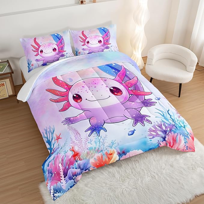 Cute Axolotl Bedding Set Twin Size,Pink Axolotl Waterweed Pattern Toddler Bed Comforter Set,Kawaii Sea Life Bedding Sets for Kids Boys Girls Room Decoration with 2 Pillowcases.
