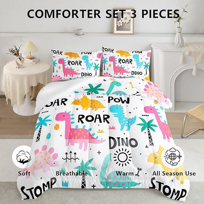 Axolotl Girls Bedding Cartoon Dinosaur Comforter Set Twin Size,Cute Dinosaur Bedding Set for Girls Teens Kids Boys Adults Room Decor,Kids Comforter Set All Season,1 Quilt 2 Pillow Cases,White