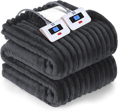 Sealy Electric Blanket Queen Size, Soft Ribbed Flannel to Sherpa Reversible Heated Blanket with Dual Control 10 Heat Settings & 1 to 12 Hours Auto-Off 84"x90" Machine Washable, Charcoal