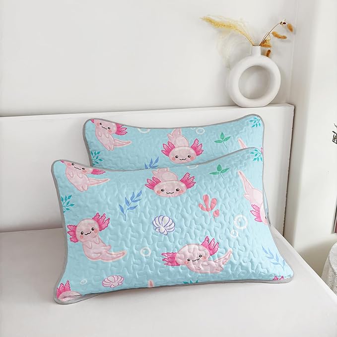 QOOMO Axolotl Quilt Set Full/Queen Size,Kawaii Salamander Bedspread Coverlet Set,Ocean 3Pcs Bedding Set Printed Quilt with 2 Pillowcases,Soft and Lightweight,for All Seasons