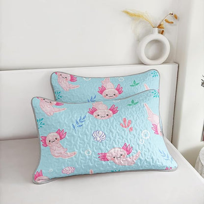QOOMO Axolotl Quilt Set Full/Queen Size,Kawaii Salamander Bedspread Coverlet Set,Ocean 3Pcs Bedding Set Printed Quilt with 2 Pillowcases,Soft and Lightweight,for All Seasons