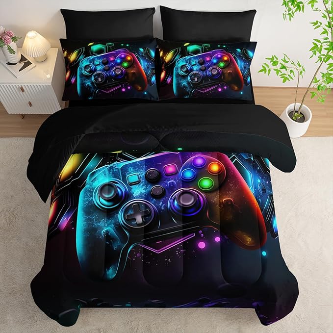 Gamer Comforter Set 7 Piece Twin Size Bed in A Bag,Game Bedding for Room Decor,Soft Gaming Comforter Video Game Bedding with Fitted Sheet,Flat Sheet, Pillowcases & Shams