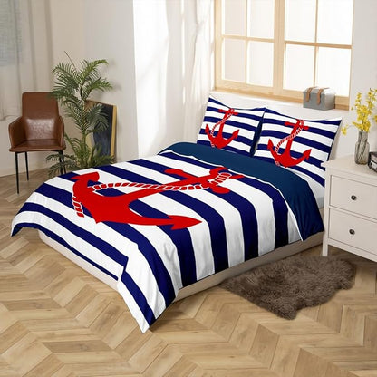 Nautical Anchor Duvet Cover Sets Queen,Geometric Stripes Comforter Cover Ocean Adventure Theme Quilt Cover Navy Blue and Red Bedding Set 3pcs for Kids Girls Teens Boys Room Decor with 2 Pillowcases