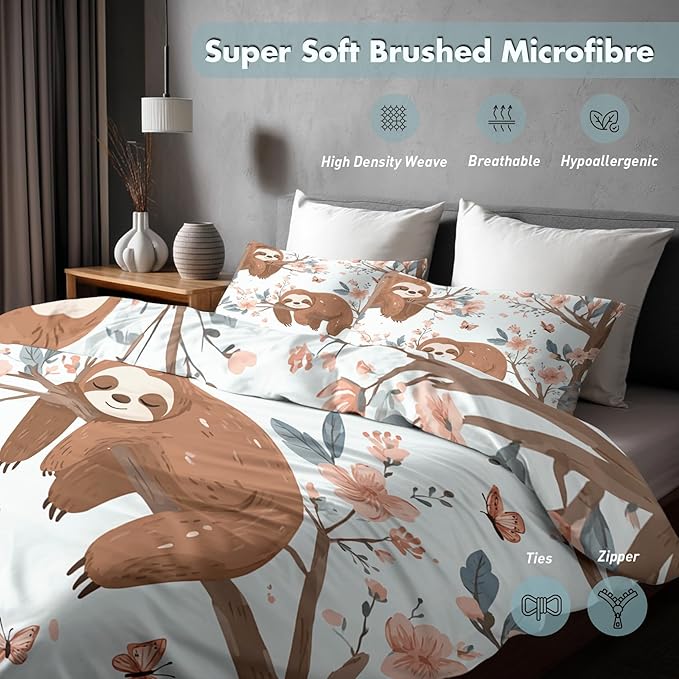 Sloth Duvet Cover Twin Size, Kids Boys Girls Bedding Set 3 Pcs (2 Pillow Shams), Super Soft Microfiber Bedroom Decor, Zipper & Ties CSXQ1247