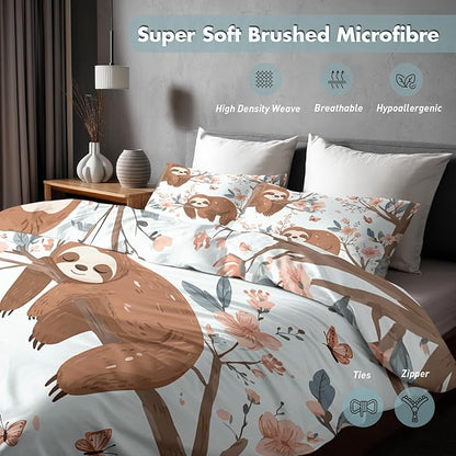 Sloth Duvet Cover Full Size, Kids Boys Girls Bedding Set 3 Pcs (2 Pillow Shams), Super Soft Microfiber Bedroom Decor, Zipper & Ties CSXQ1247