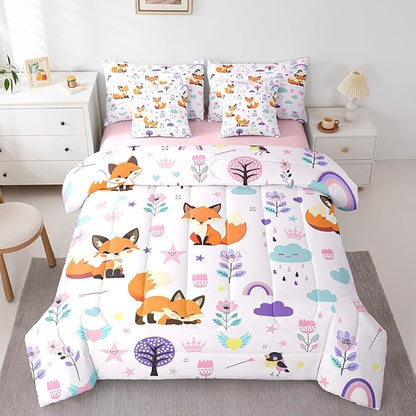 Erosebridal Floral Fox Comforter Set Full Size,Cartoon Zoo Animal Bedding Set for Kids Teens,Cute Flower Bed in a Bag （Comforter, Sheets, Pillowcases & Cushion Covers）