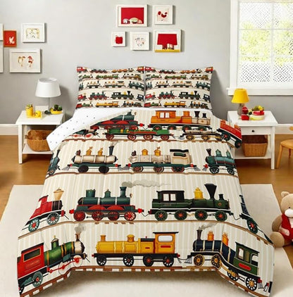Erosebridal Vintage Train Comforter Set Retro Steam Engine Bedding Full for Boys Girls Colorful Steam Locomotive Train Bedding Set, Transportation Vehicle Train Duvet Insert with 2 Pillowcases