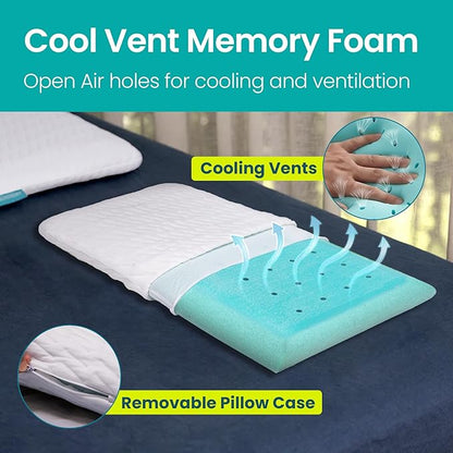 BLISSBURY Cooling Memory Foam Pillow, 2.6 Inch Thin, for Stomach & Back Sleeper, Queen Size, Removable Cool-Tech Cover, CertiPUR-US Certified